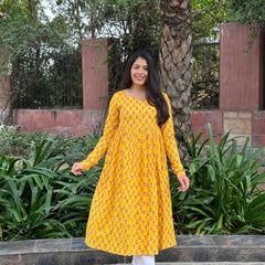 Yellow Pink motif Anarkali kameez - Jonaya