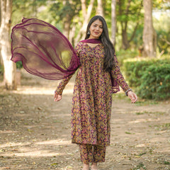 Wine printed floral suit set - Jonaya