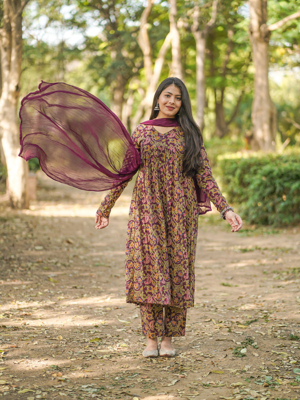 Wine Printed Floral Aliacut Suit Set - Jonaya
