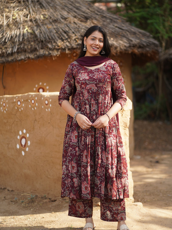 Grey Wine Rose Flare Suit Set - Jonaya