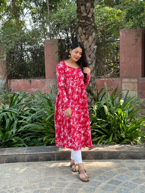 Red White Floral Anarkali Kameez - Jonaya