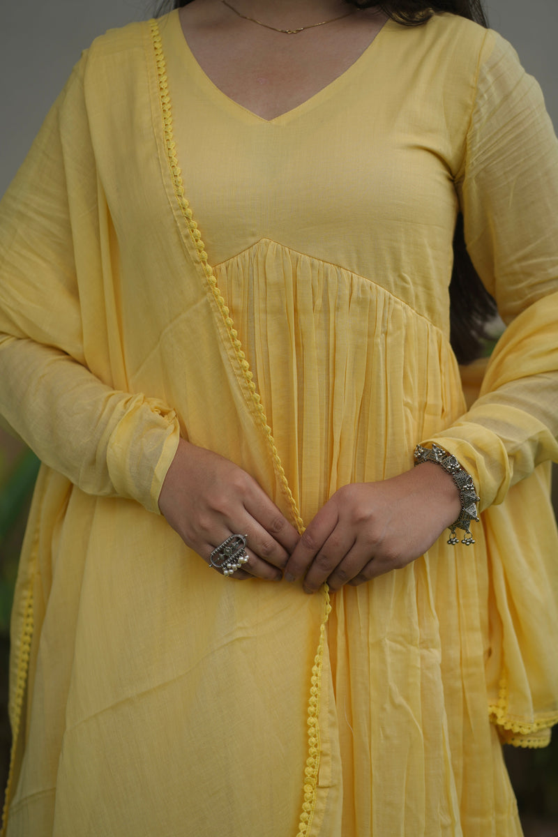 Butter yellow mul cotton flair suit set Jonaya
