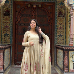 Beige Pink Handblock Anarkali