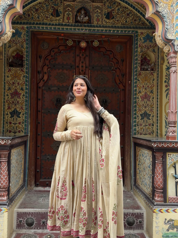 Beige Pink Handblock Anarkali