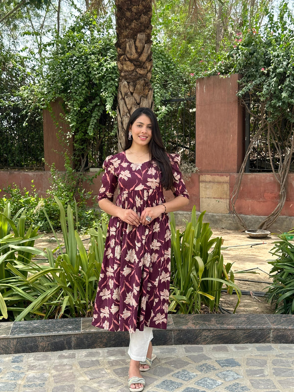 Floral Wine Printed Kameez - Jonaya