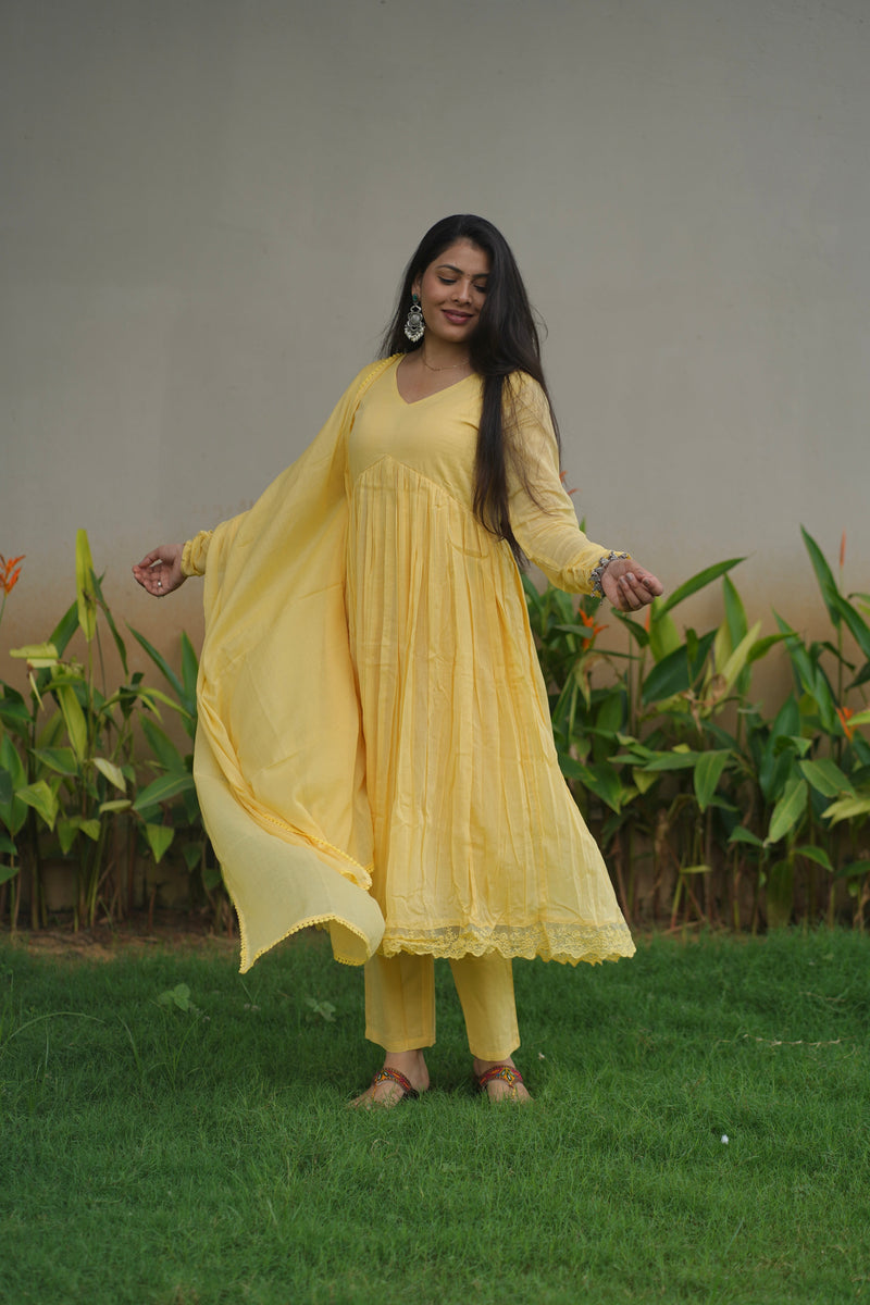 Butter yellow mul cotton flair suit set Jonaya