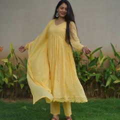 Butter yellow mul cotton flair suit set Jonaya
