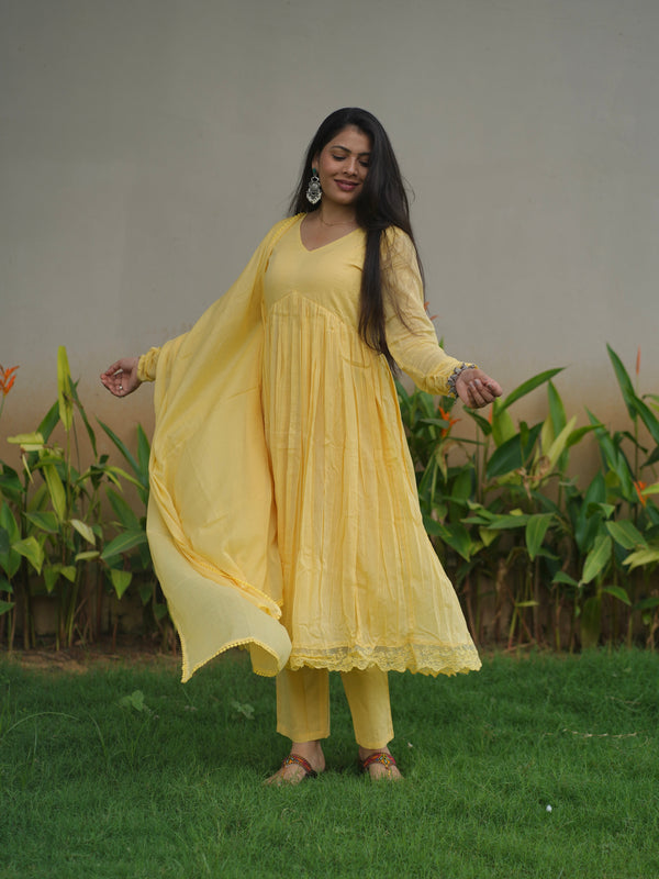 Butter Yellow Mul Cotton Flare Suit Set - Jonaya