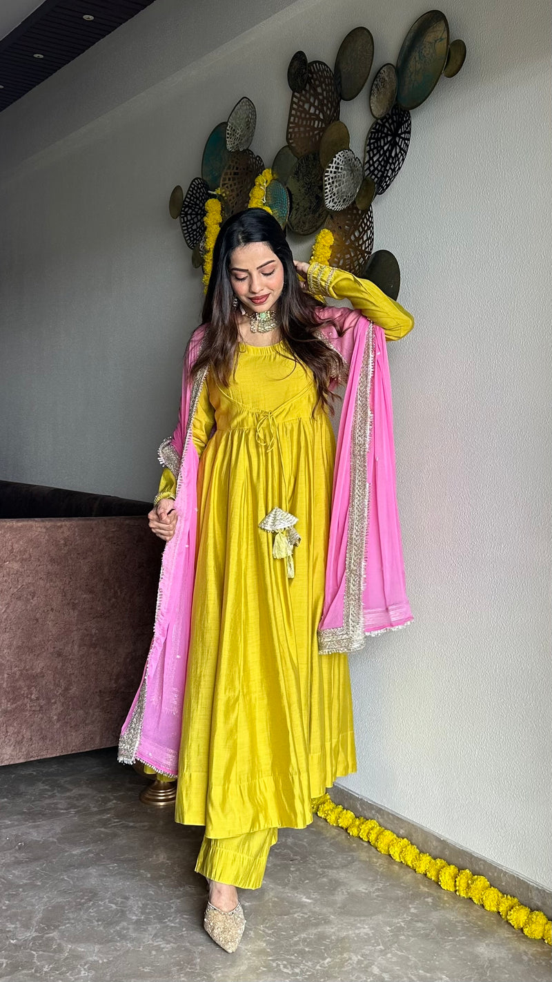 Festive green pink anarkali suit set Jonaya