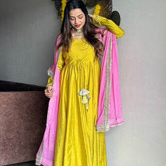 Festive green pink anarkali suit set Jonaya