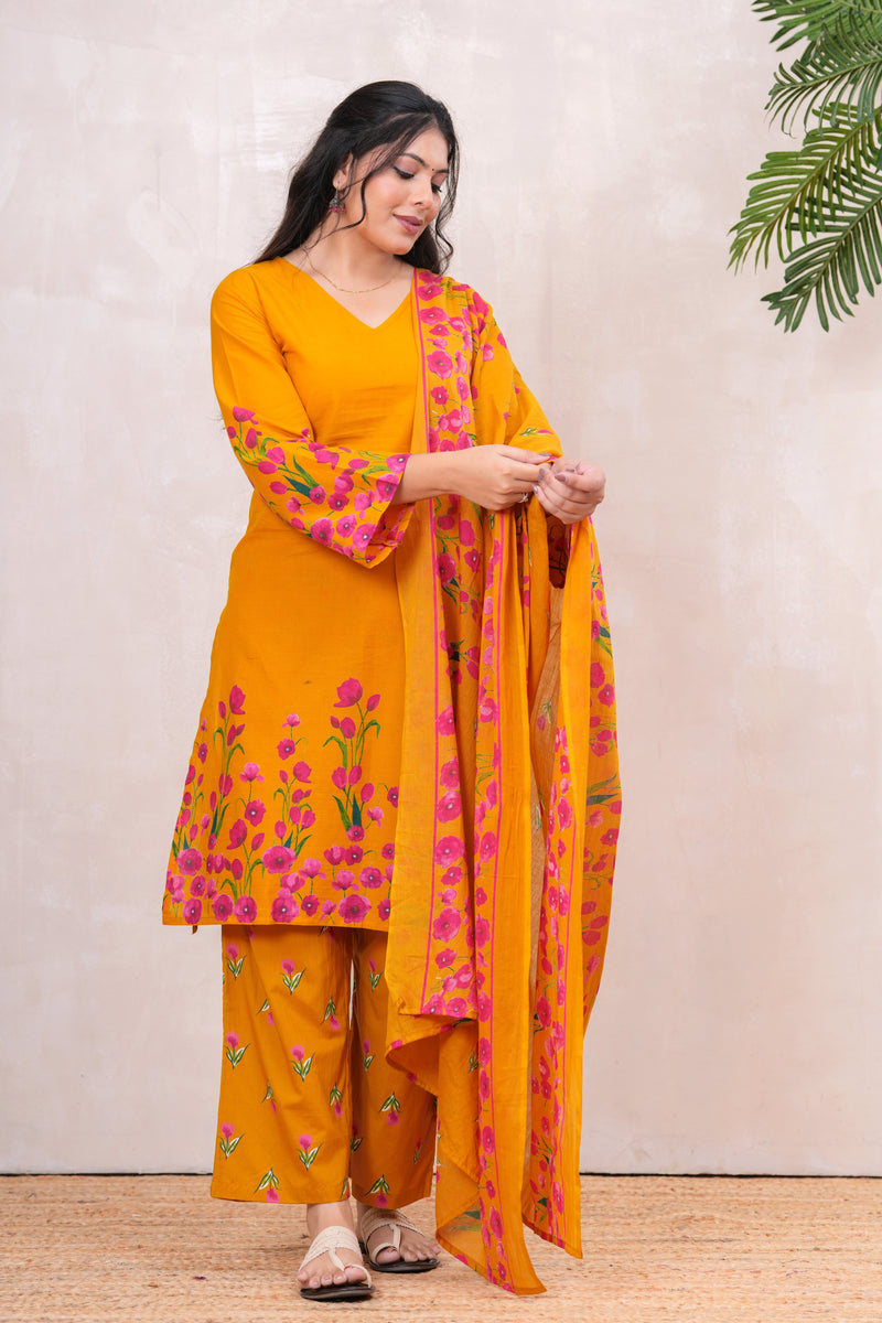 Pink yellow floral straight kurta set Jonaya