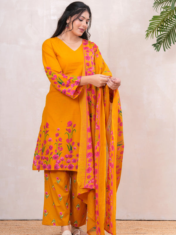 Pink Yellow Floral Straight Kurta Set - Jonaya