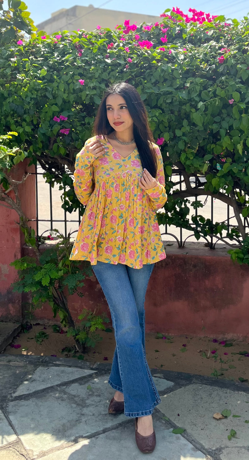 Cheerful yellow full sleeves peplum top - Jonaya