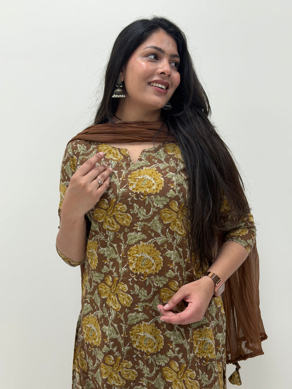 Pastel brown mustard straight suit set Jonaya