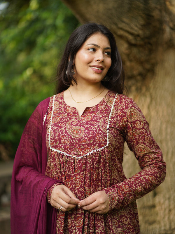 Maroon Paisley Lace Flair Suit Set - Jonaya