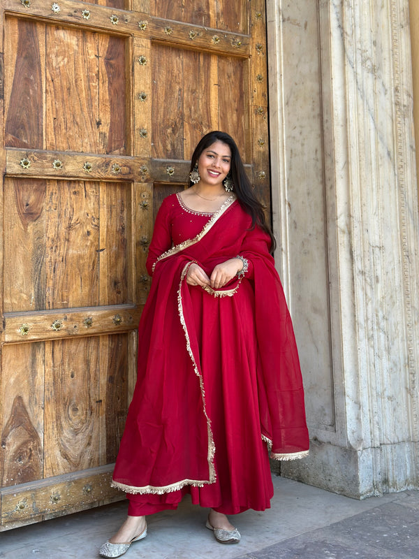 Shagun Laal Lux Anarkali Suit Set - Jonaya