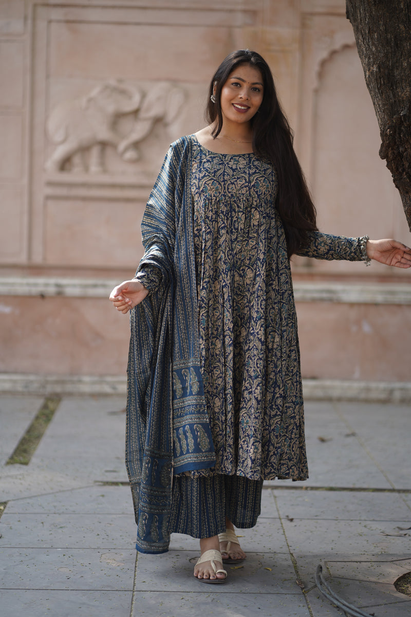 Blue kalamkari anarkali suit set