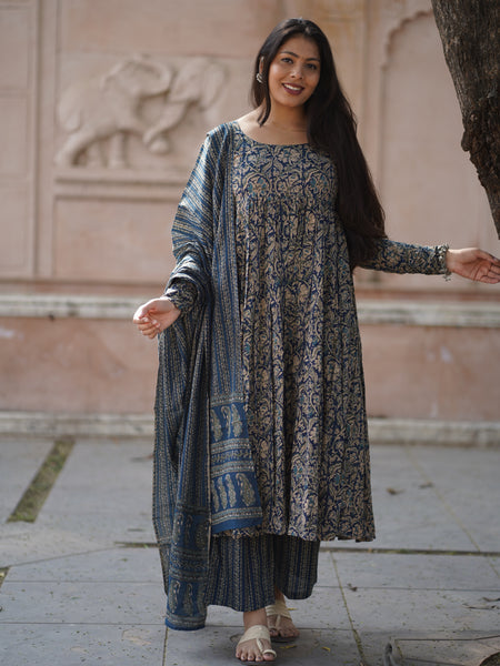 Blue kalamkari anarkali suit set