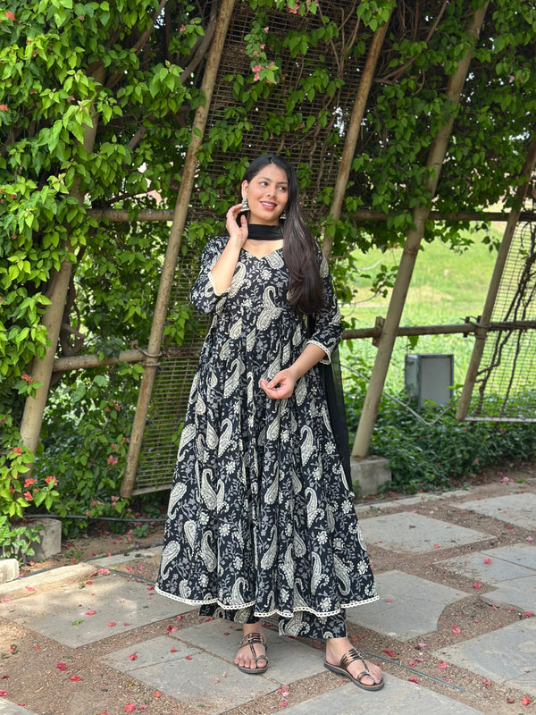 Flory Black Grey Paisley Lace Anarkali Suit Set - Jonaya