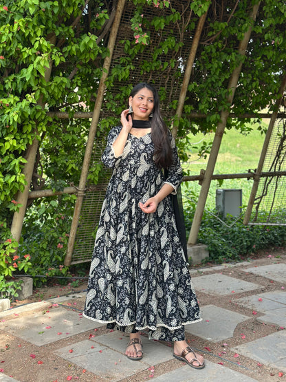 Flory black grey paisley lace Anarkali suit set
