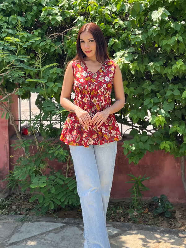 RED Garden Cut Sleeves Peplum Top - Jonaya