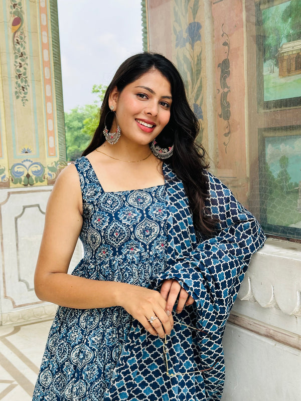 Indigo Ajrakh Flare Suit Set - Jonaya