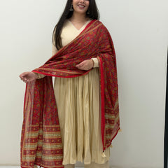 Red beige kalamkari solid flare suit set Jonaya