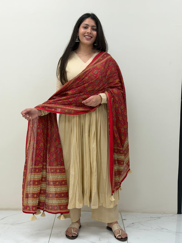 Red beige kalamkari solid flare suit set Jonaya