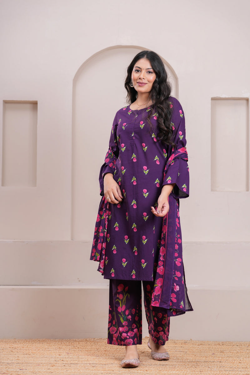Purple pink floral straight suit set Jonaya