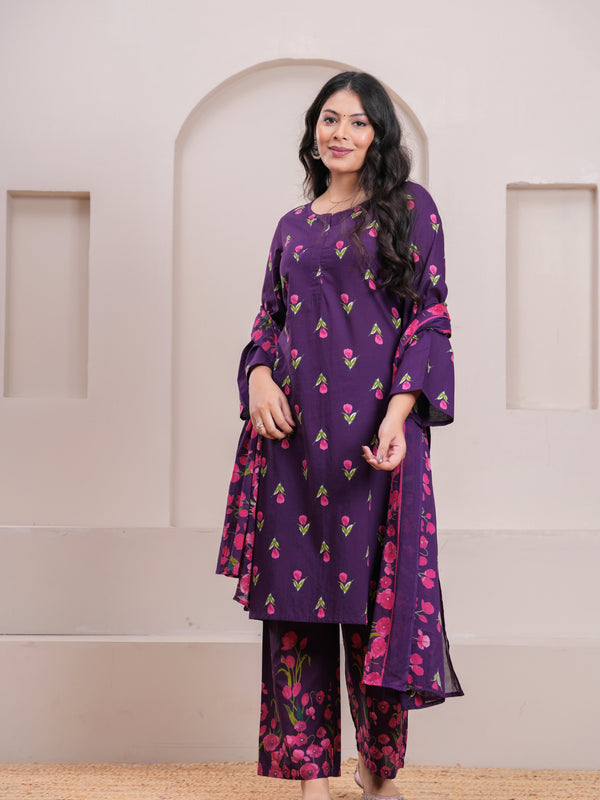 Purple Pink Floral Straight Suit Set - Jonaya