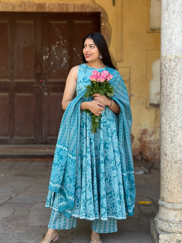 Pastel Sky Floral Anarkali Suit Set - Jonaya
