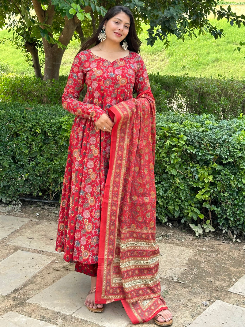 Floral booti Red Anarkali suit set - Jonaya