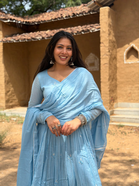 Powder blue white embroidery Anarkali