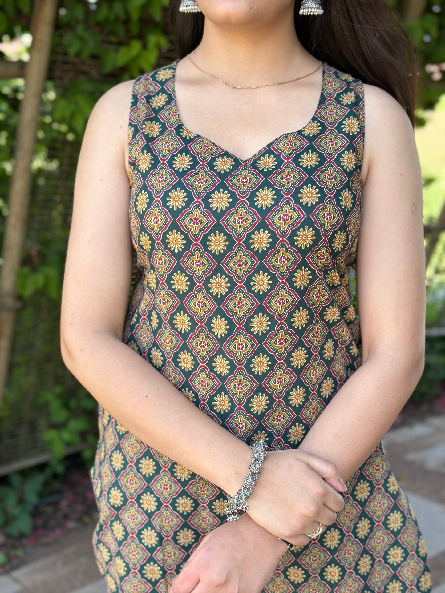 Green Ajrakh booti Straight kameez