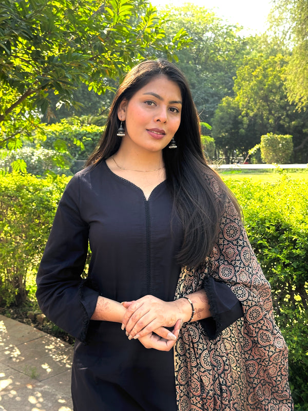 Black Office Solid Ajrakh Straight Suit Set - Jonaya