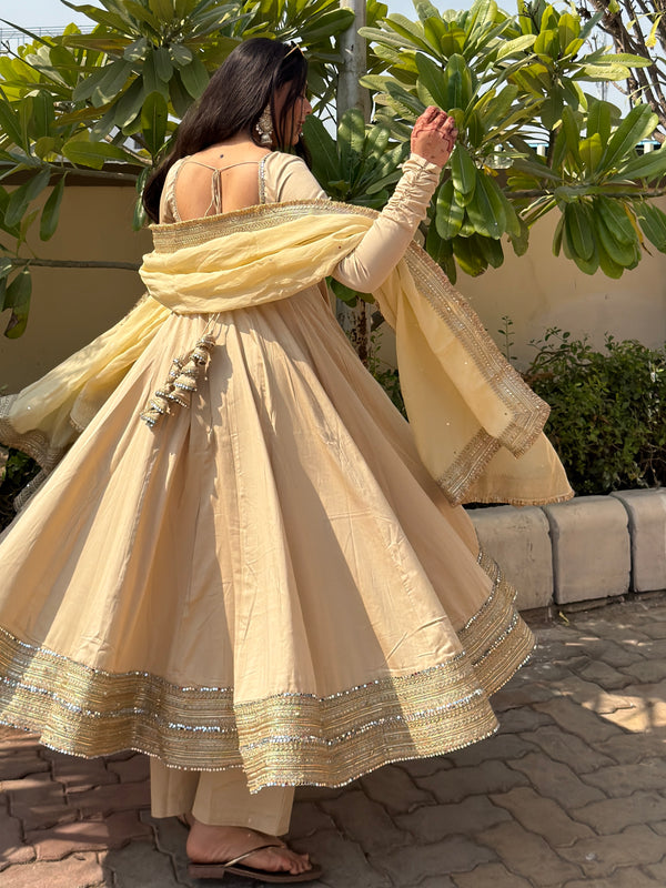 Beige heavy mirror pure organza silk Anarkali set Jonaya