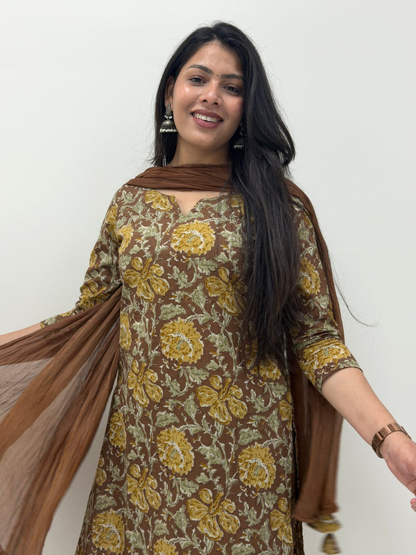 Pastel brown mustard straight suit set Jonaya