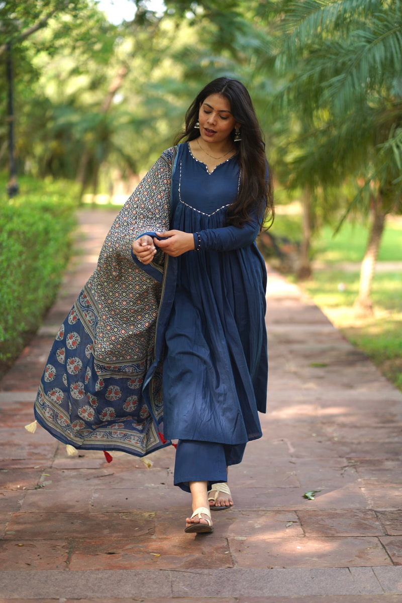 Blue Ajrakh print flair suit set Jonaya