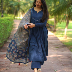 Blue Ajrakh print flair suit set Jonaya