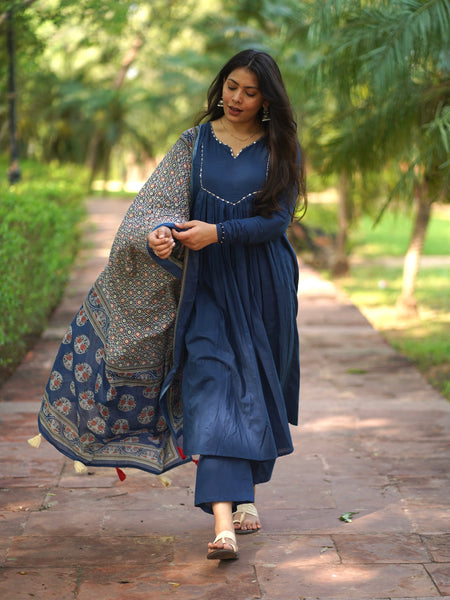Blue Ajrakh print flair suit set Jonaya