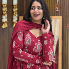 Festive Maroon green paisley Anarkali set Jonaya