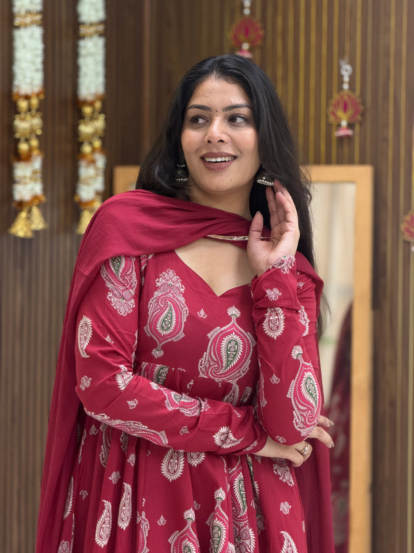 Festive Maroon green paisley Anarkali set Jonaya