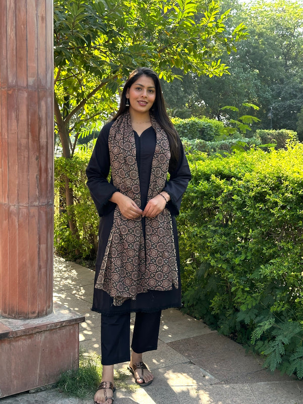 Black Office Solid Ajrakh Straight Suit Set - Jonaya