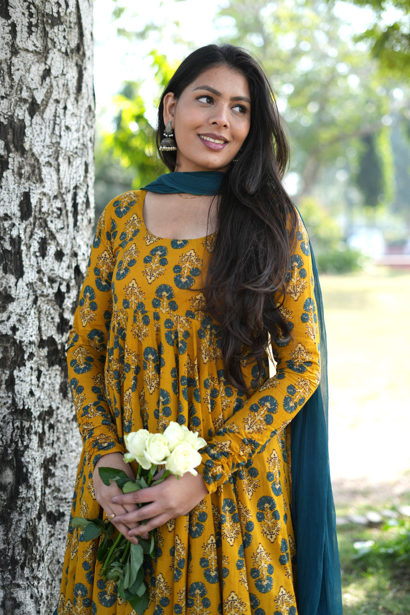 Gulmohar Mustard Anarkali suit set Jonaya