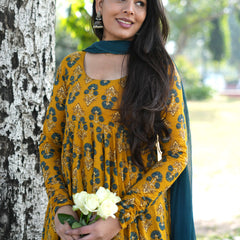 Gulmohar Mustard Anarkali suit set Jonaya