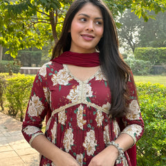 Maroon beige bliss cotton suit set - Jonaya