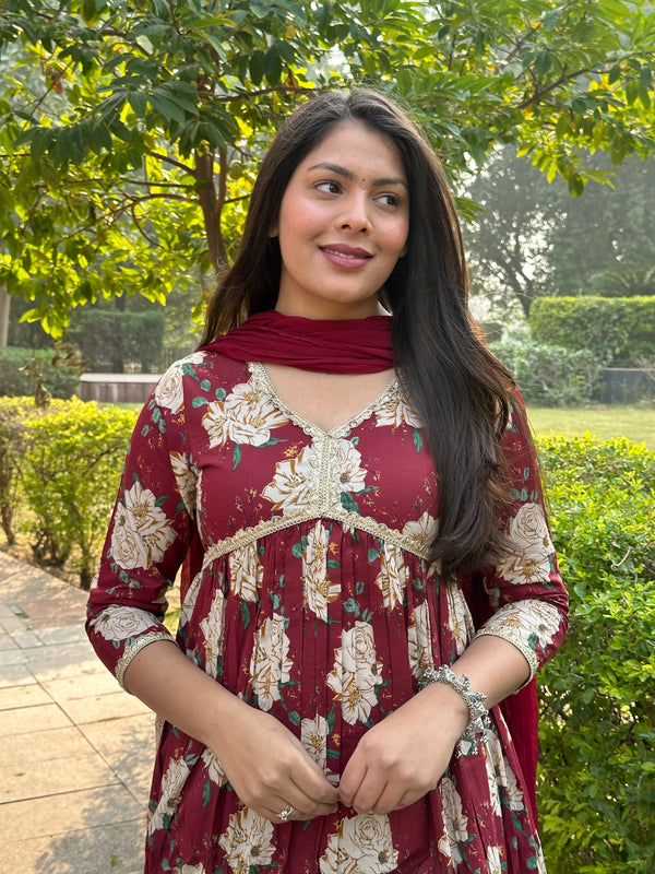 Maroon Beige Bliss Cotton Flare Suit Set - Jonaya