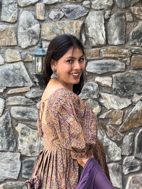 Lavender Beige Flare Suit Set - Jonaya