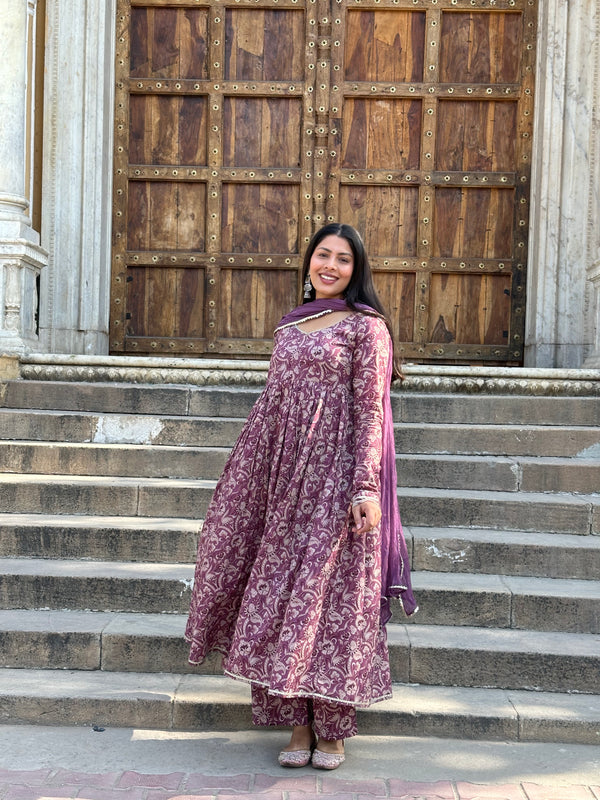 Purple Paisley Cotton Flare Suit Set - Jonaya