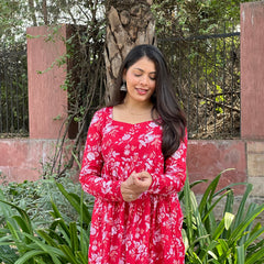 Red White floral Anarkali kameez - Jonaya